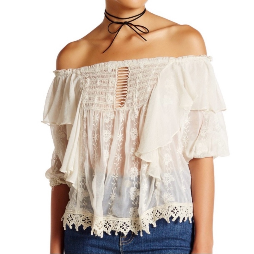 Free People Spirit in the Sky Off Shoulder Sheer Lace Floral Top Size Small